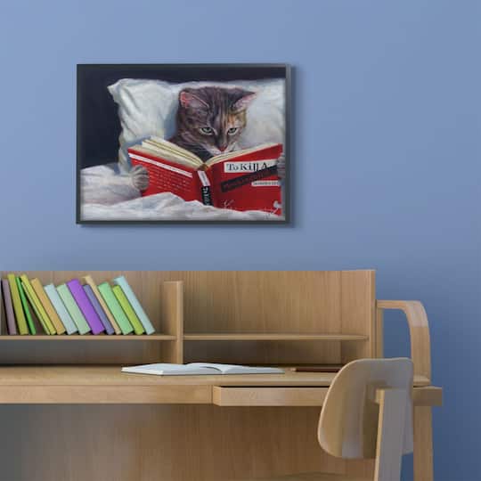 Stupell Industries Cat Reading a Book in Bed Funny Painting Black Framed Wall Art